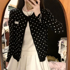韩系甜美黑色波点假两件针织开衫上衣女早秋新款短款毛衣外套薄款