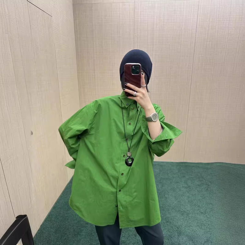 2024 Spring and Summer Simple Lazy Design Korean Style Fashionable Loose Grass Green Shirt Top for Women