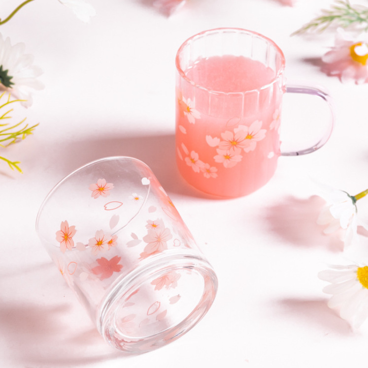 精美樱花印花玻璃水杯 家用套装牛奶果汁创意喝水杯子 高颜值水杯