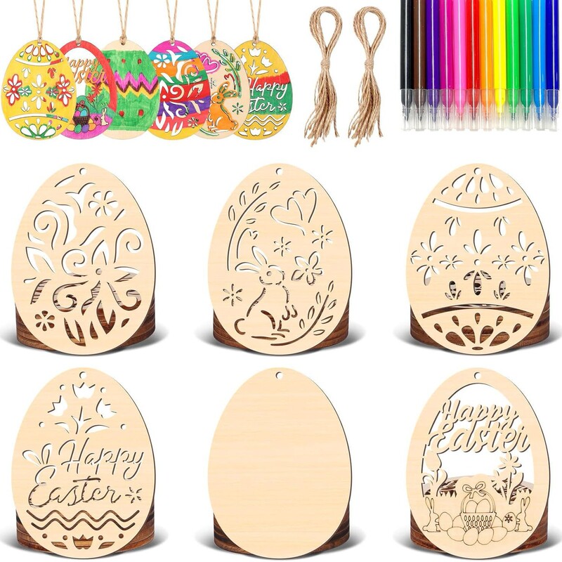 In-Stock Easter Party Crafts Ornaments Creative Home Decoration DIY Handmade Wooden Rabbit Egg Hanging Ornaments