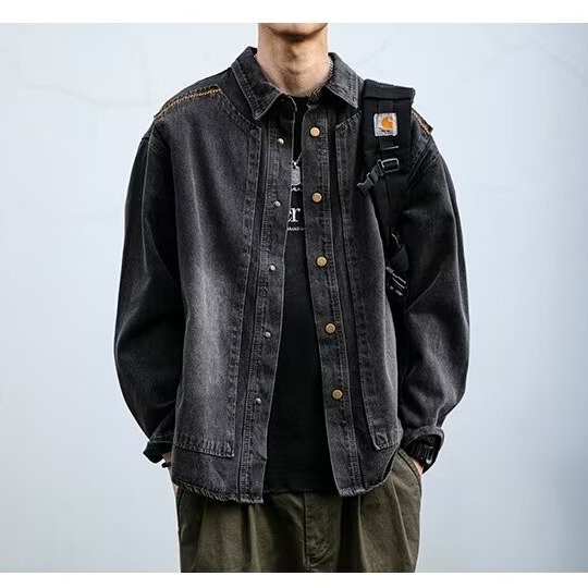 Autumn new fashion trend rivet stitching design washed vintage blue lapel single-breasted loose Denim coat