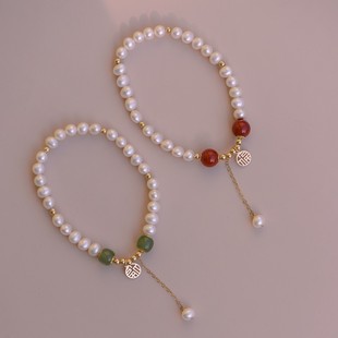 French Retro Hetian Jade & Red Agate 4-5mm Nearly Round Slightly Imperfect Natural Pearl Gold-Infused Bracelet