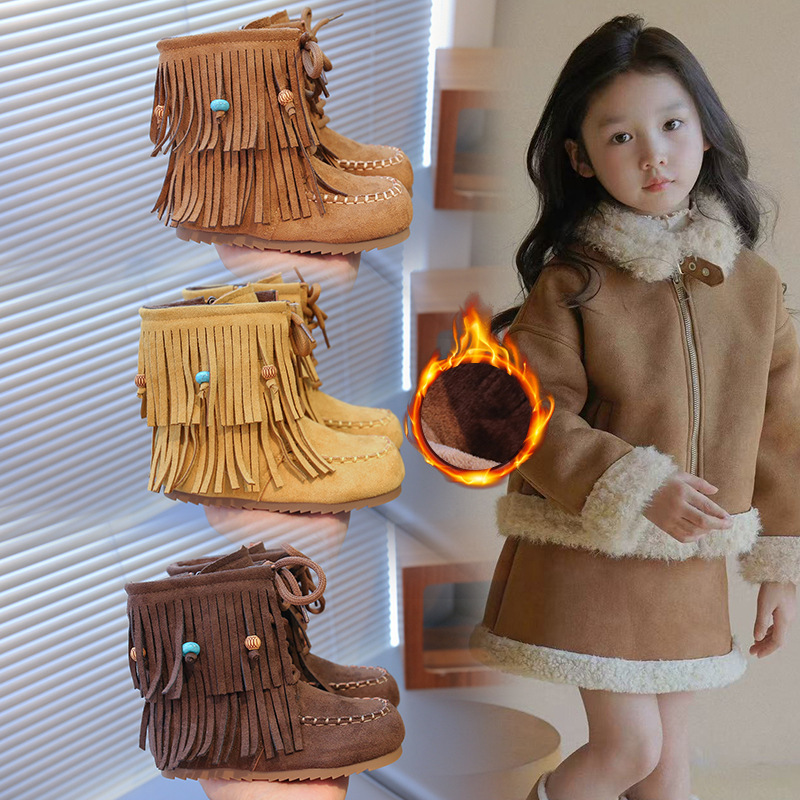 Girls' Short Boots Korean Style Retro 2026 Autumn and Winter New Fashion Leather Princess Boots Warm Children's Tassel Boots