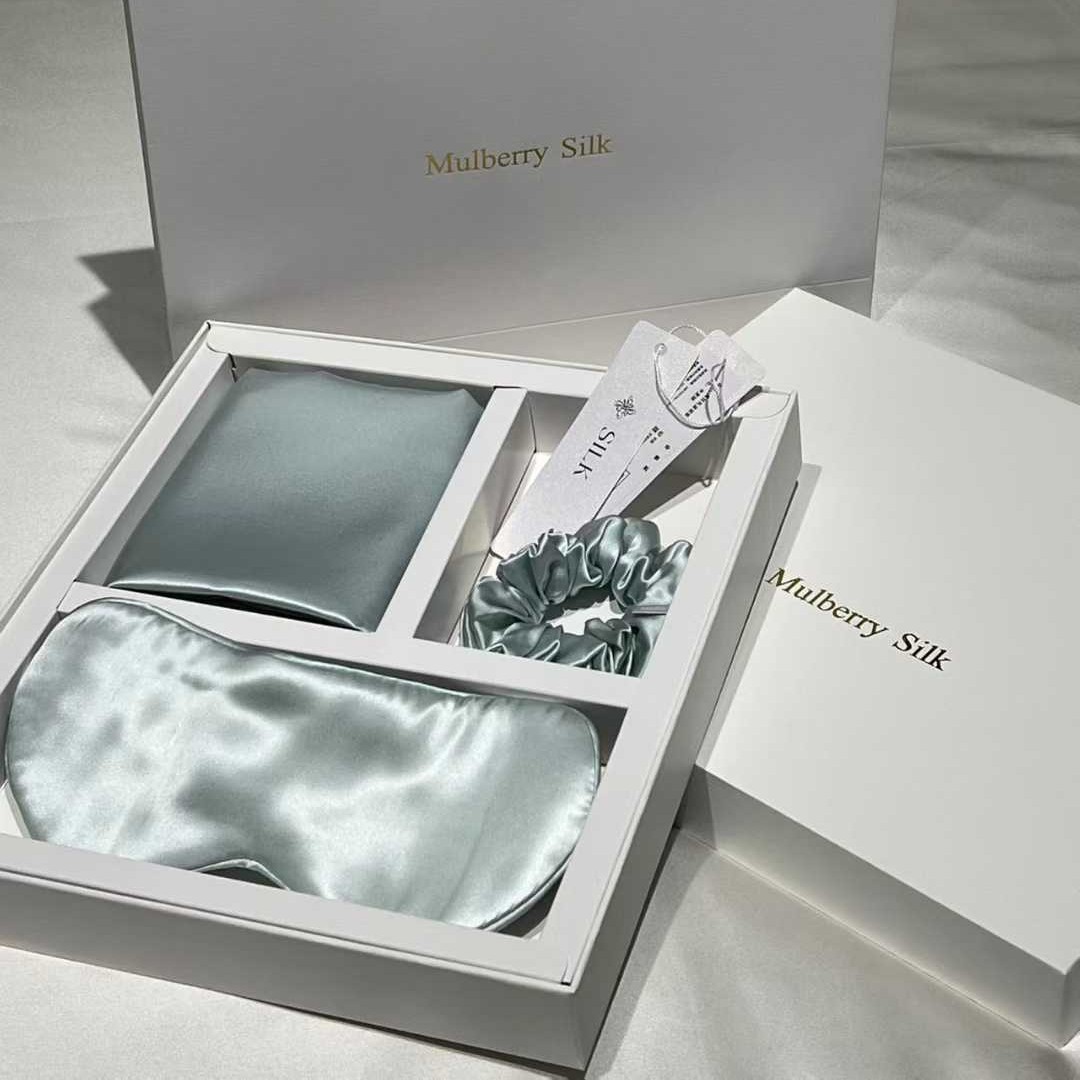 Regalos de alta gama, almohada de seda de alta calidad, cubierta de ojos, anillo de cabello, caja de regalo de seda, 100% seda de morera, conjunto de tres piezas
