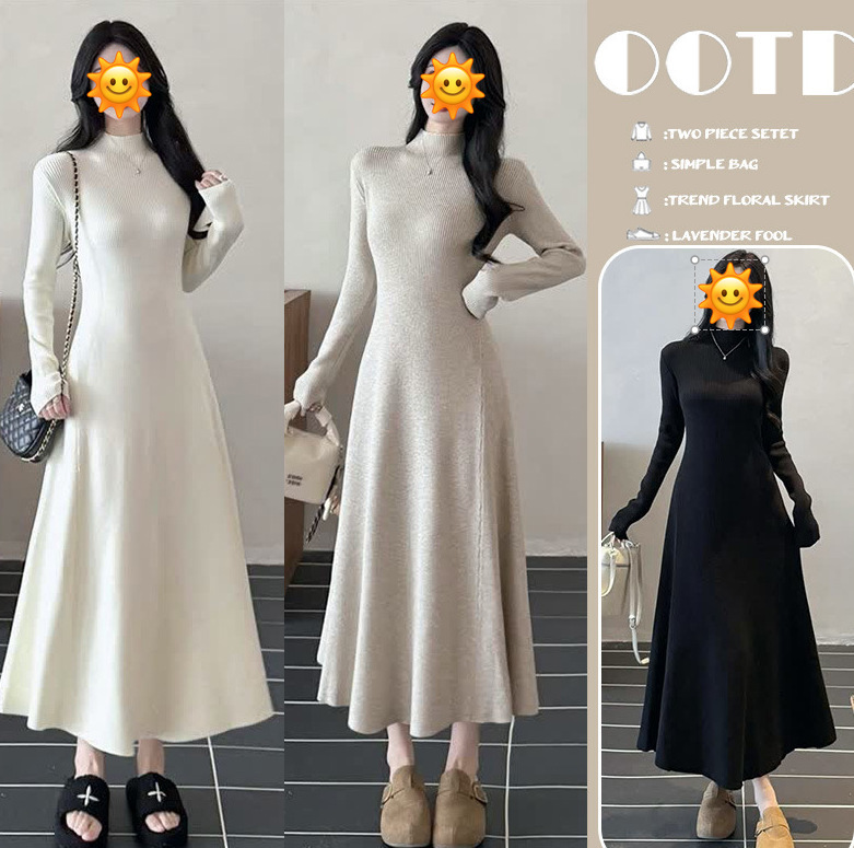Maternity wear, half-high-neck knitted dress, women's 2026 autumn/winter collection, elegant and slimming, extra-long sweater dress