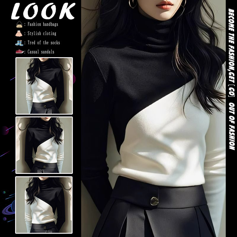 plus size chubby girl Turtleneck Sweater Women's Autumn and Winter New Western-style Design Sweater Slim-fit Color Matching Base Shirt plus size chubby girl Turtleneck Sweater Women's Autumn and Winter New Western-style Design Sweater Slim-fit Color Matching Base Shirt