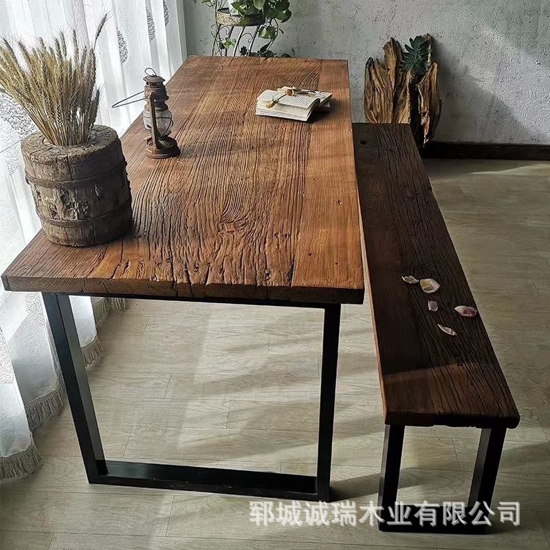 Old Elm Tea Table Retro B&B Hotel Dining Table Solid Wood Rectangular Large Board Table Mouth-Shaped Door Panel Table
