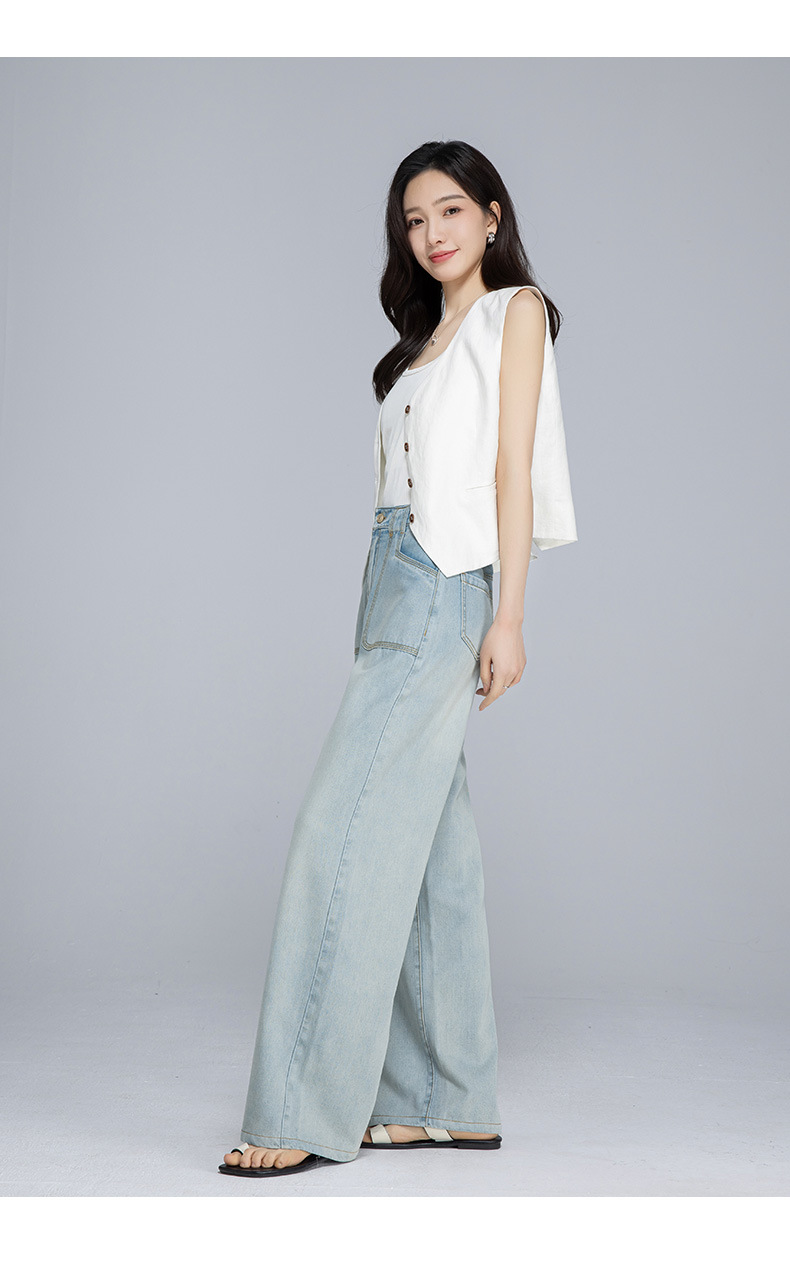 Quần jean ống rộng nữ cạp cao chất Tencel cotton mỏng mùa hè — Xanh lam nhạt cổ điển chi tiết 23