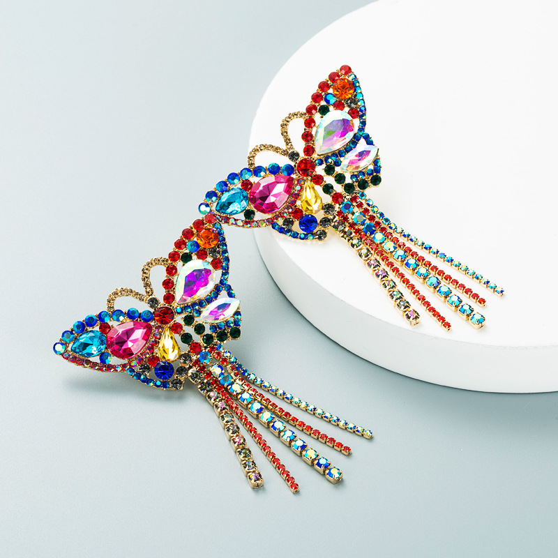 Fashion Exaggerated Temperament Prom Long Butterfly Tassel Alloy Inlaid Color Rhinestone Shiny Earrings display picture 2