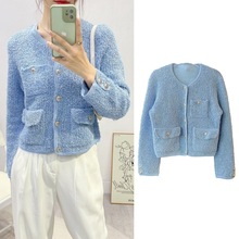 南油高端女装法式名媛小香风粗花针织外套单排扣口袋短款毛衣开衫