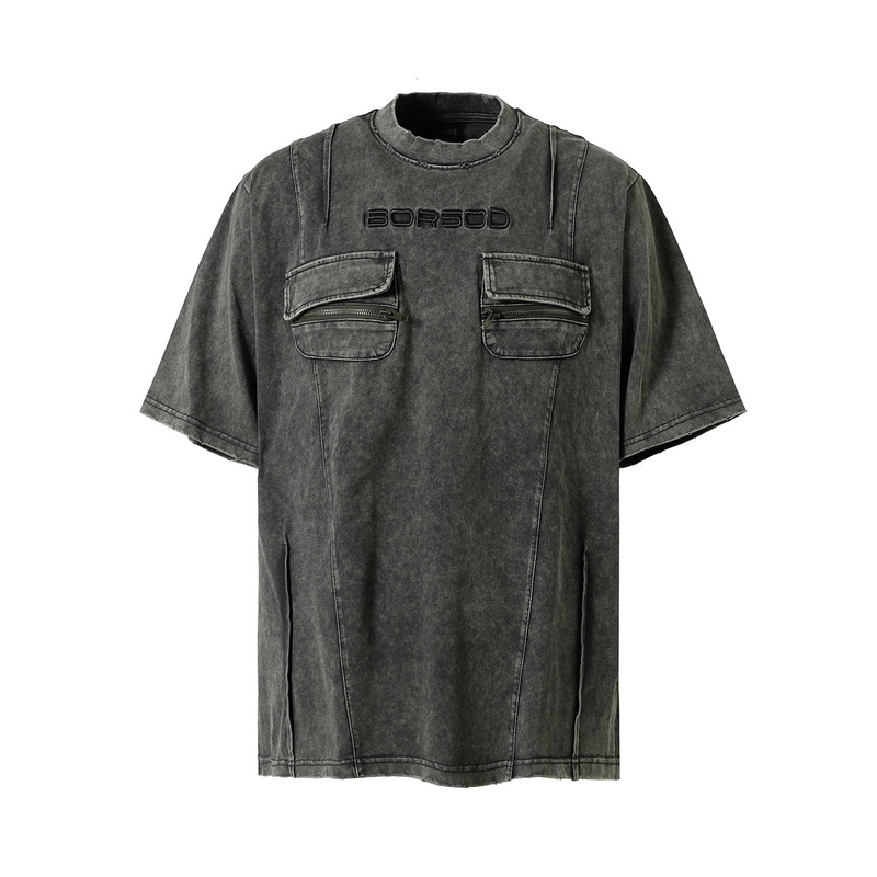 Men's 2025 Summer New American Style Functional Fashion Brand Heavy Washing Super Color Tooling T-Shirt Short Sleeve