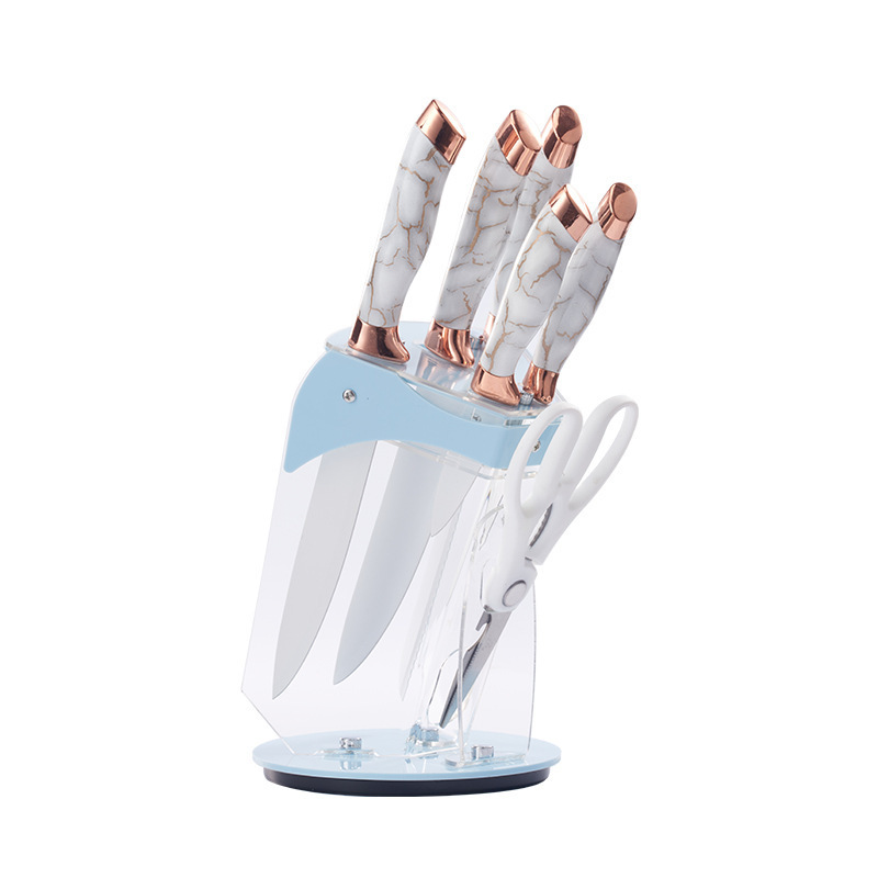 Juego de caja de regalo de mango de cabezal de doble galvanoplastia de patrón de mármol de 6 piezas de cuchillos de debut de punto de comercio exterior