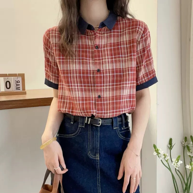 Red plaid collared short-sleeve shirt for women, European summer fashion 2026 new European-style women's A-line babydoll shirt trendy