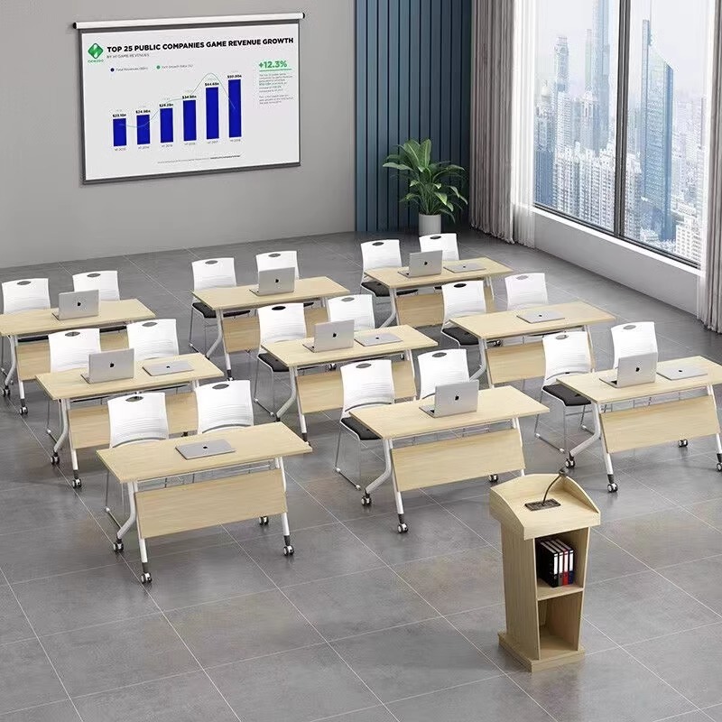 Folding conference training table and chair set, movable and combinable long table, dual-person study desk and chair, staff office training platform