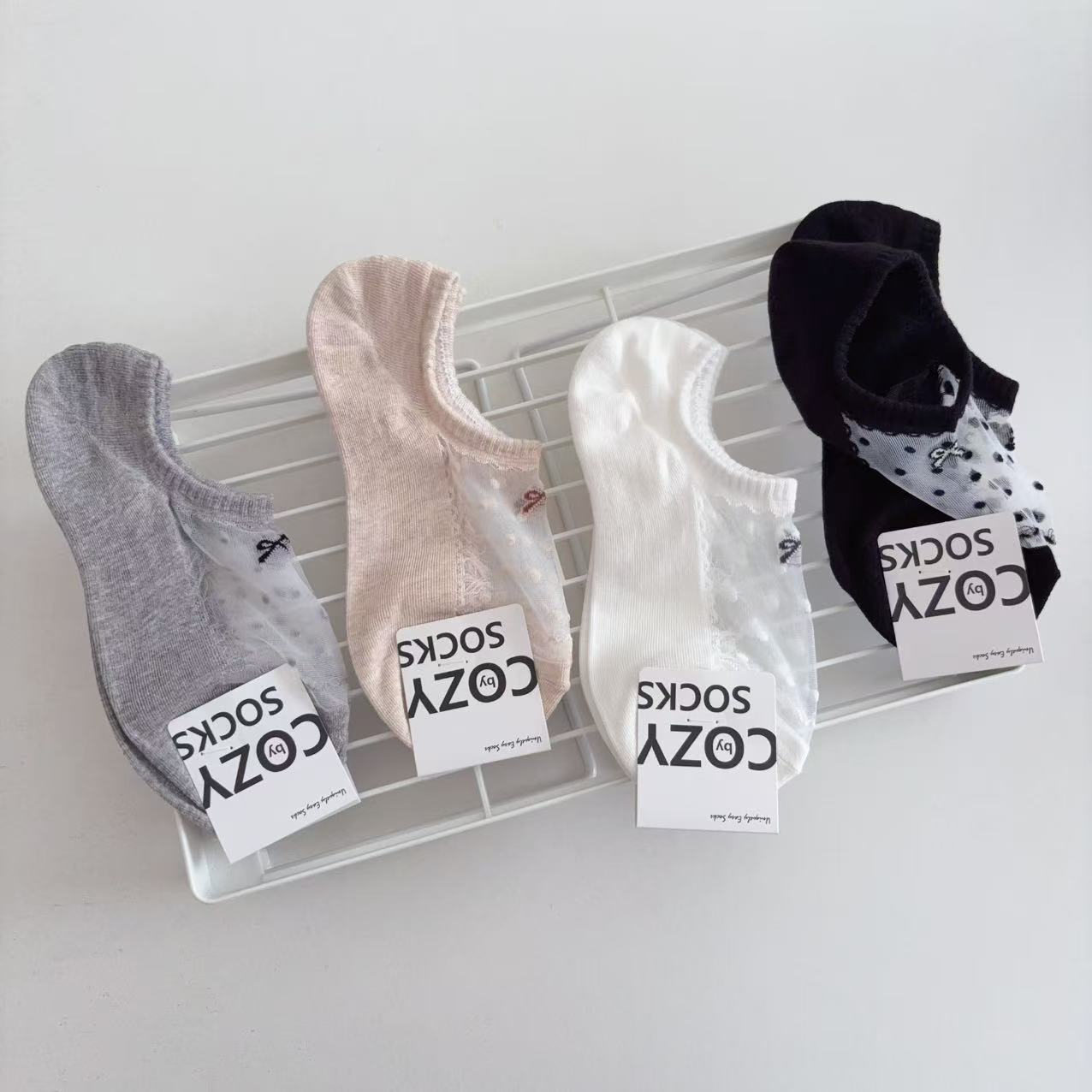 Korean Summer Boat Socks Thin and Transparent Women's Socks Glass Silk Mesh Cotton Bow Polka Dot Girl Light and Low-Cut Socks