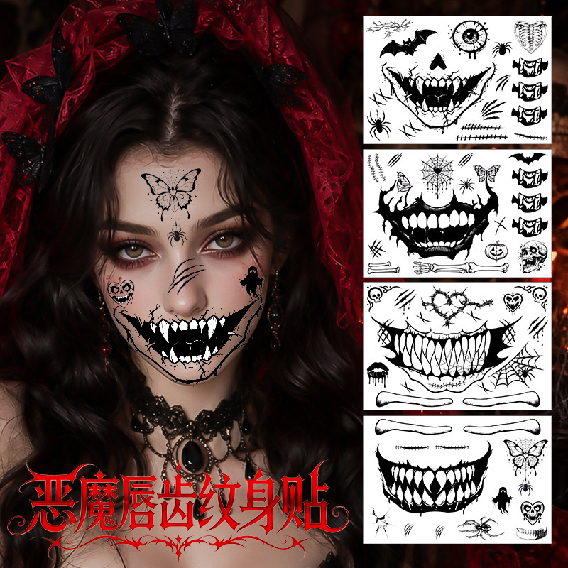 Cross-Border New Halloween Tattoo Stickers, Funny Face Stickers, Party Cartoon Big Mouth Makeup Eye Stickers, Waterproof Tattoo Stickers
