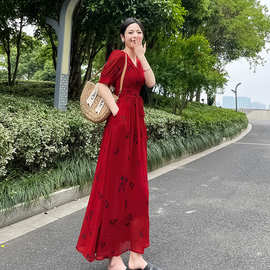 韩版印花中长款法式新款A字裙v领显瘦红色短袖开叉淑女风复古夏季