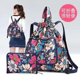 折叠购物袋内衬牛津布可折叠抽绳双肩包卡通买菜包便携束口手提袋