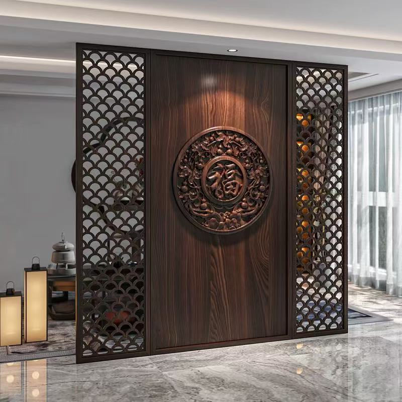 New Chinese-Style Screen Partition with Embossed Three-Dimensional Entrance, Modern Minimalist Decorative Solid Wood Partition for Living Room