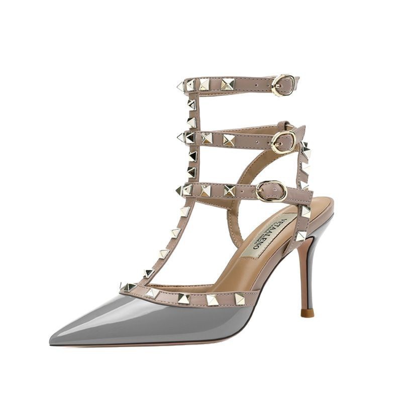 2025 Summer New Pointed Black Rivet High Heels Women's Sandals Stiletto Beautiful Nude Shoes Willow Shallow