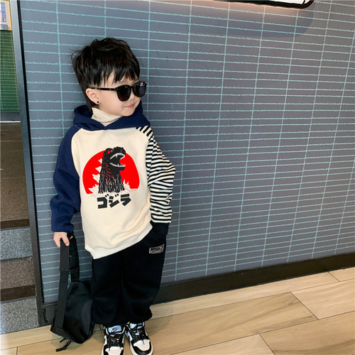 Children's hooded sweatshirt trendy brand  autumn and winter new baby velvet tops for boys and girls color-blocked jackets one-piece velvet