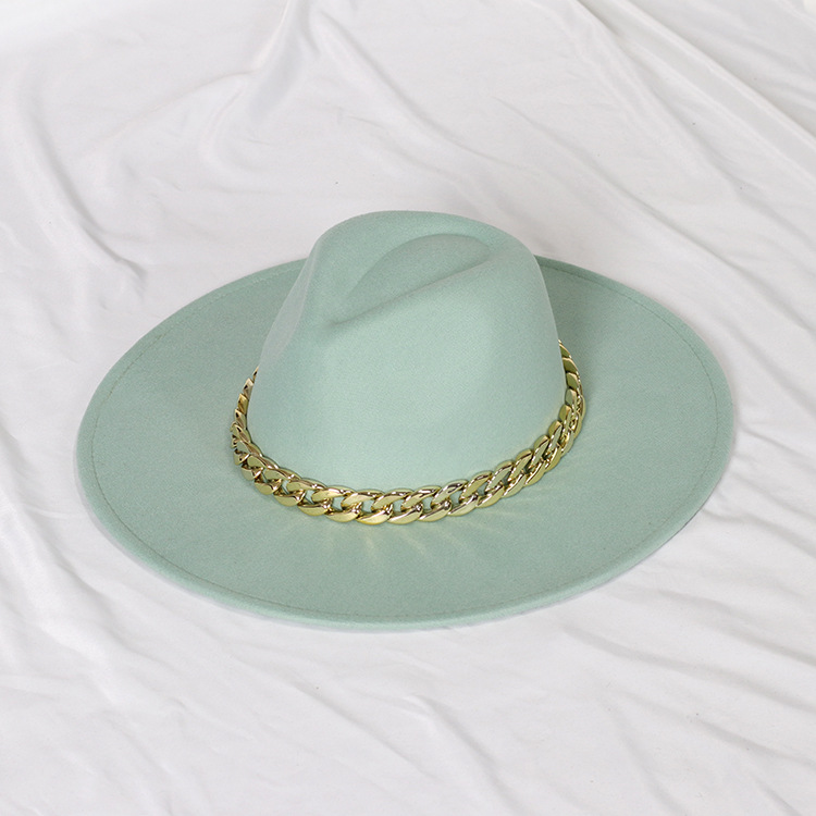 Sombrero de jazz con cadena dorada, sombrero francés vintage de ala ancha en forma de corazón para mujer, sombrero de fieltro oversize.