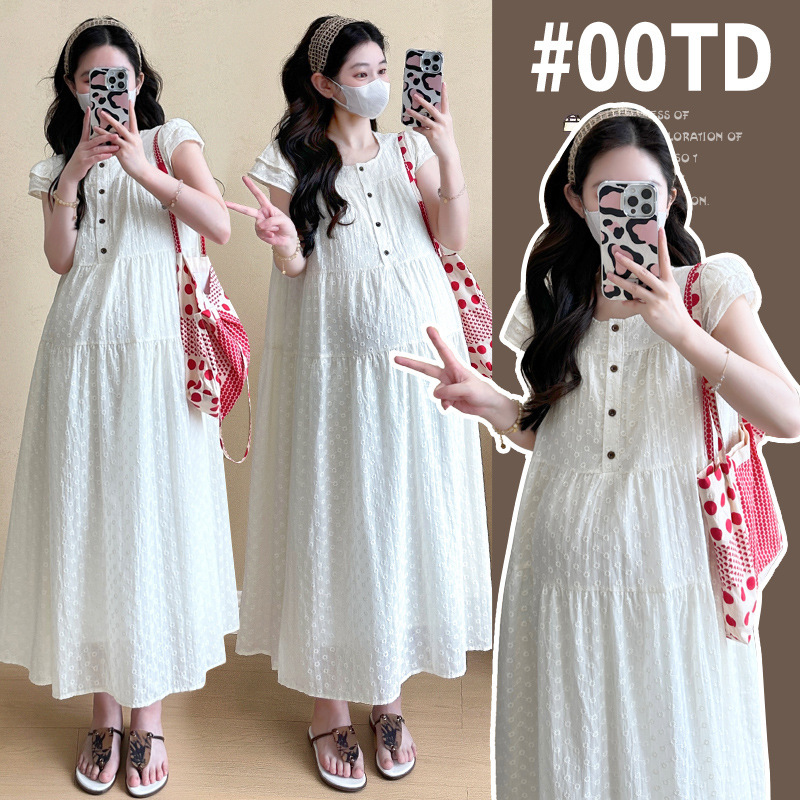 2025 summer new pregnant women long summer dress embroidery long skirt open buckle breastfeeding