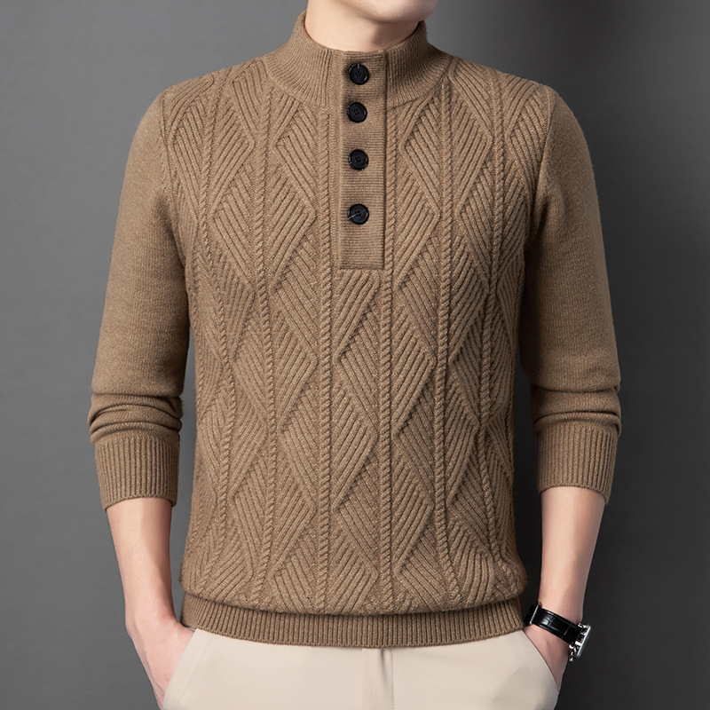 Live Cross-border Men's Thickened Sweater Winter Fashion Warm Top Base Shirt Button Jacquard Collar Knitted Shirt
