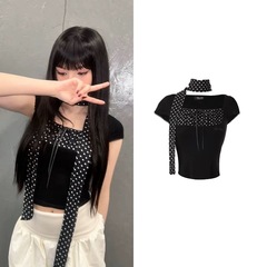 在庫あり HIL*d* 韓国ニッチスイートカジュアルスクエアネック水玉模様半袖スリムフィットスリムTシャツレディーストップス