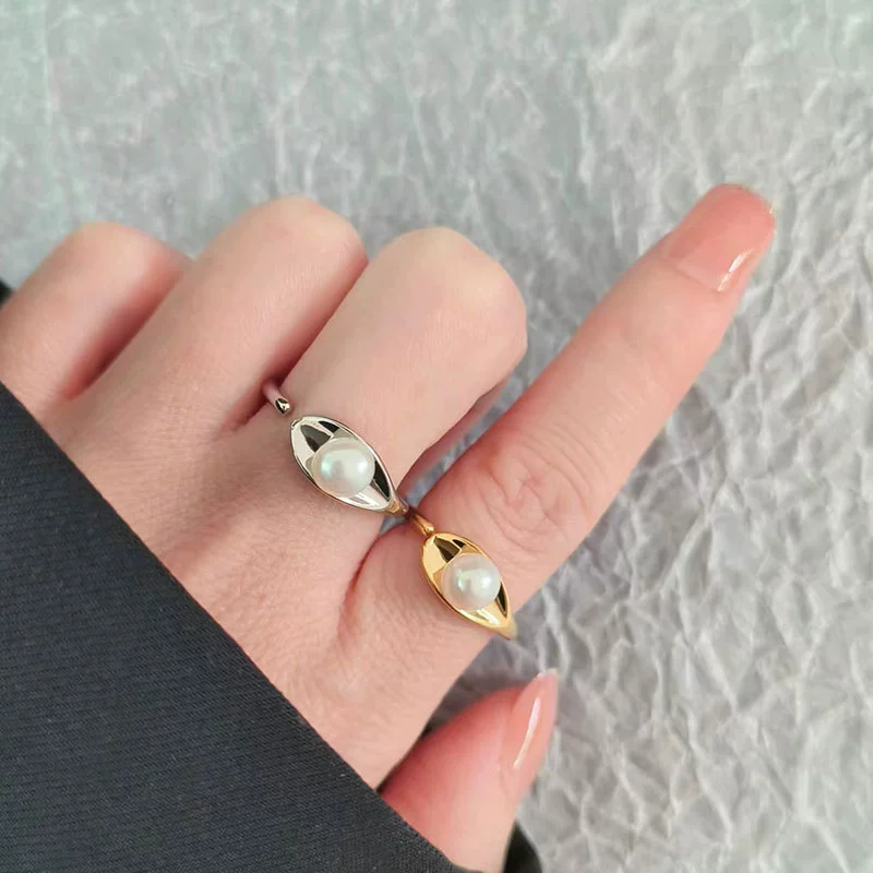 Glossy minimalistic brand small design ring from pearl, American style, European style, trend of season