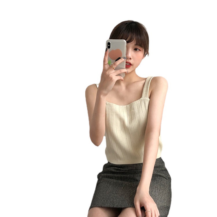 Refreshing knitted camisole top with bottom lining, short flat top, loose sleeveless vest, summer women's clothing_voghion.com