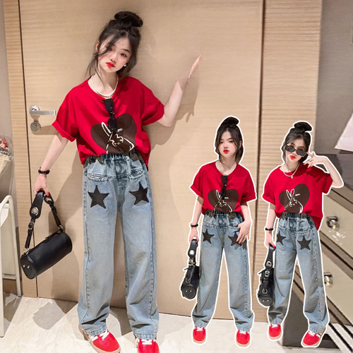 Kids' Summer Short Sleeve T-Shirt and Jeans Set, Korean Style, Large Children's  New Summer Outfit, Trendy Two-Piece Set