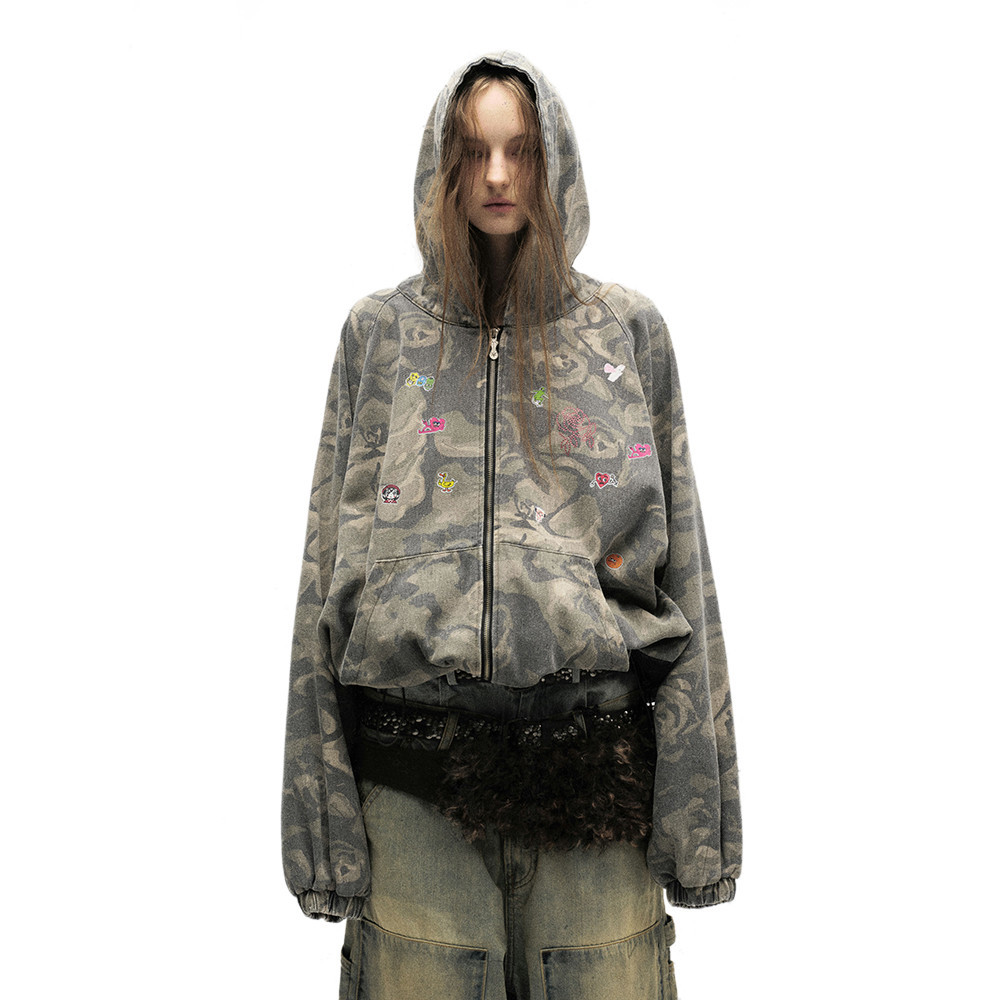 Giacca con cappuccio patchwork mimetica vintage da uomo e da donna, stile punk, vestibilità ampia, effetto consumato, per abbigliamento casual da strada, taglie dalla M alla 2XL_voghion.com