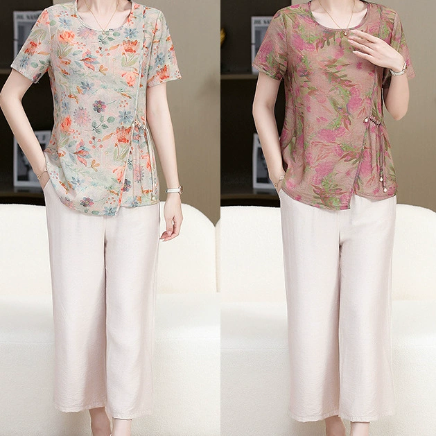 【清货+现货】妈妈装夏款套洋气圆领短袖中老年女装休闲宽松小衫