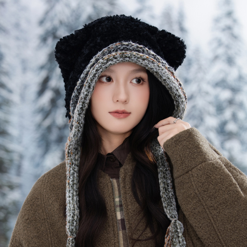 韩版冬季帽子女款可爱猫耳大帽檐显脸小加绒保暖帽百搭流苏毛线帽|undefined