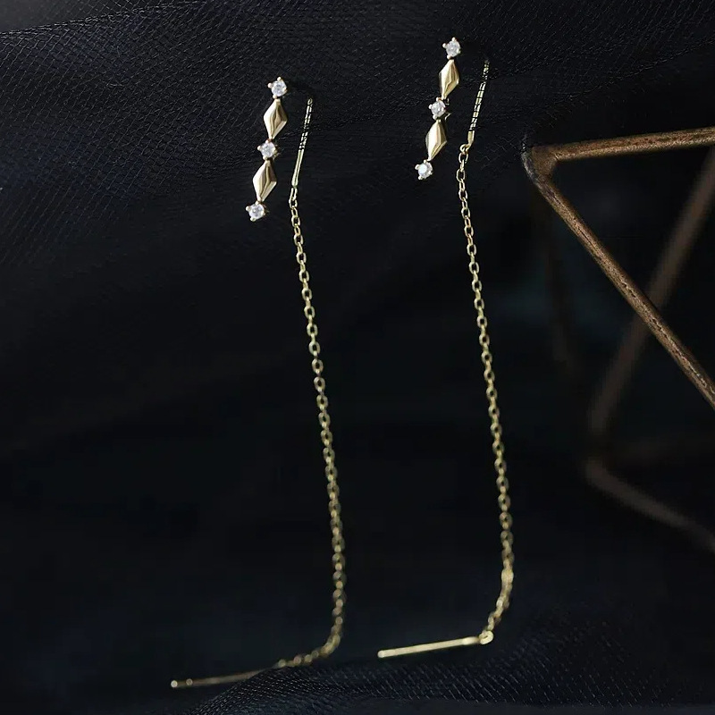 S925 plata esterlina 14k diamantes de oro retrógrado orejetas femeninas temperamento largo bordado cara delgada orejetas orejetas