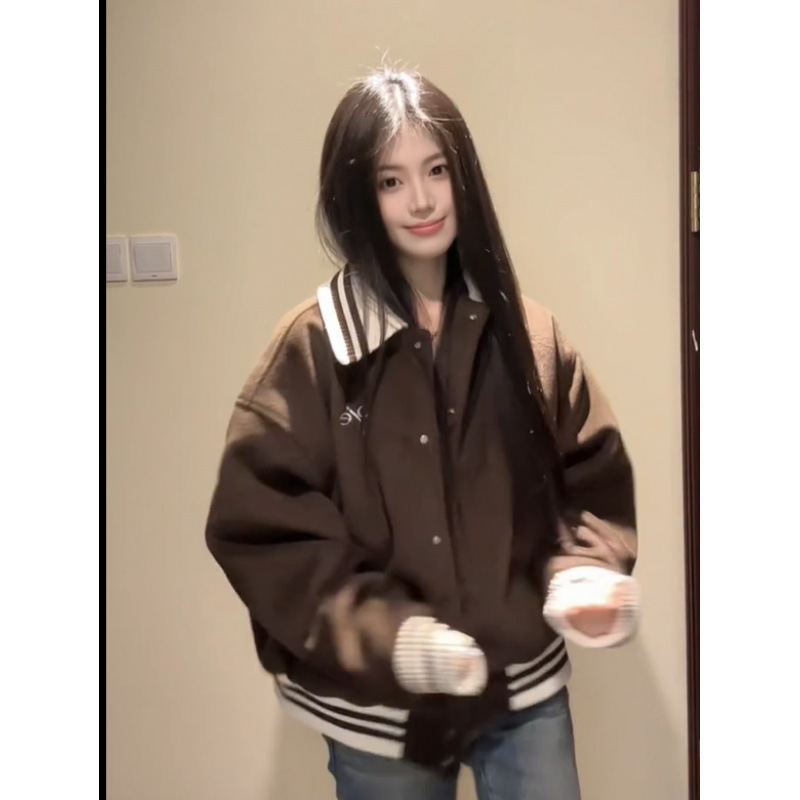 美式复古棒球服女2025春季美拉德穿搭字母刺绣翻领毛呢外套上衣潮|undefined
