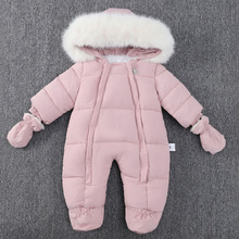 时尚毛领连帽加绒加厚儿童连体衣 2024冬季新款带手套宝宝爬服