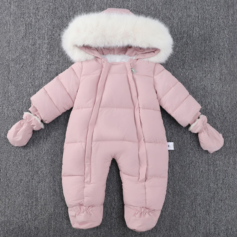 时尚毛领连帽加绒加厚儿童连体衣 2024冬季新款带手套宝宝爬服