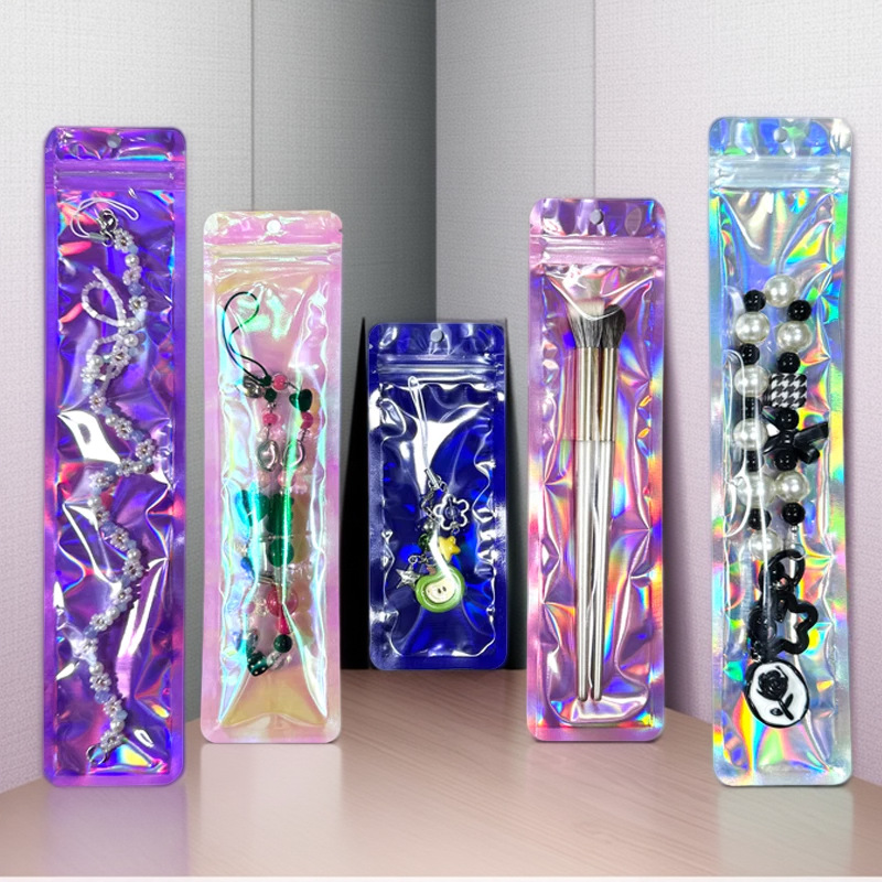 Bolso sellado de tira larga con orificio colgante, bolsa sellada hermética de yin y yang translúcida con láser grueso, cable de datos de joyería, bolsa de embalaje de cepillo de maquillaje