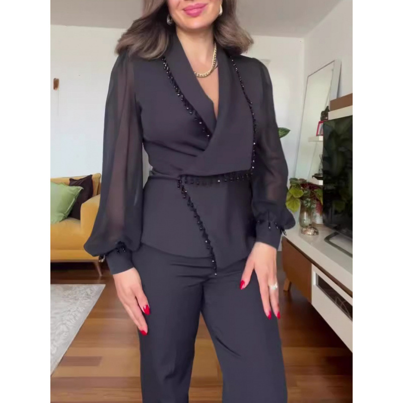 2025 Cross-Border New Fashion Hepburn Style High-Waisted Wide-Leg Jumpsuit Slimming Lapel Top Fashion Set