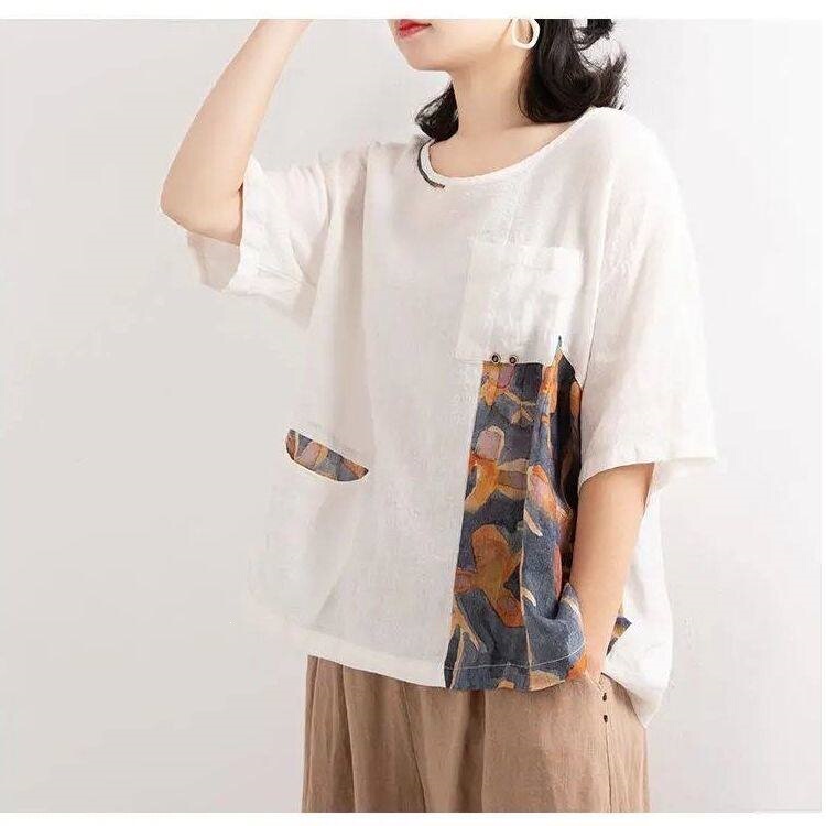 Cotton and Linen Short-Sleeved T-Shirt for Middle-Aged Women, Stylish Linen Summer Wear, Large Size Loose Half-Sleeved Ramie Top