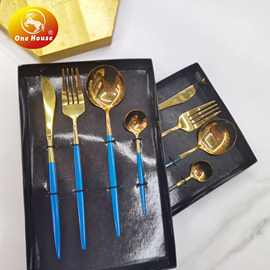 晶致热销镀金刀叉勺小勺餐具 创意薄葡萄牙钛金+喷漆4pcs黑盒套装