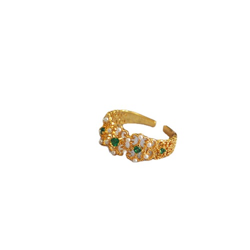 Vintage Western antique palace style carved lace emerald inlaid pearl ring index finger ring for women