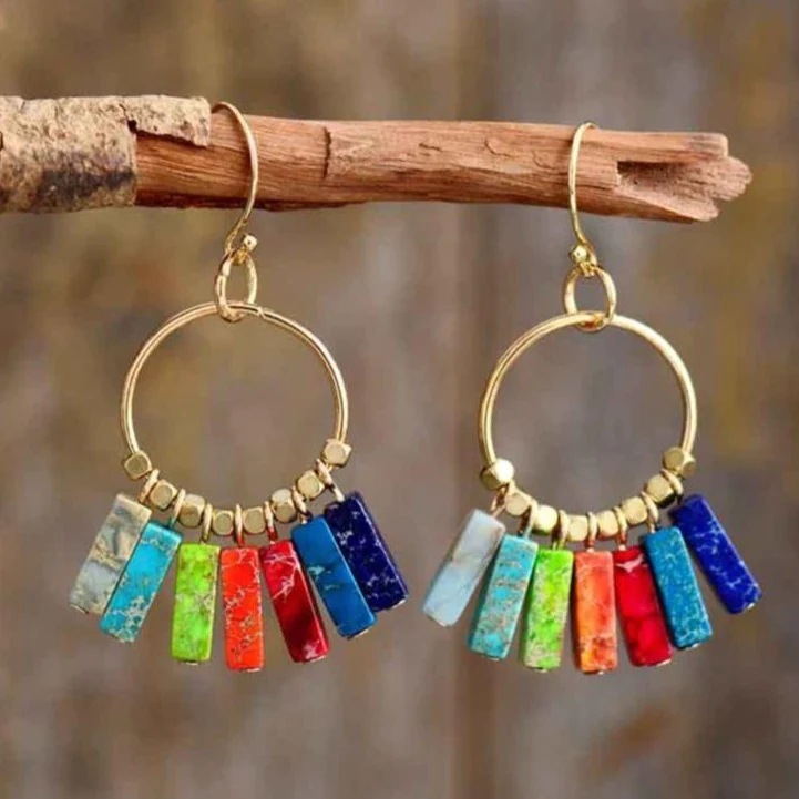 25g Weight Ear hook Classification Cross-border Hot Selling Natural Stone Earrings Stylish Good Texture Colorful Emperor Stone Cuboid Colorful Pendant Earrings