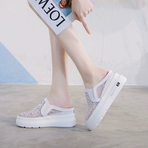 Тапочки из натуральной кожи, увеличивающие внутренний рост, сетчатая обувь Новое поступление, лоферы без каблука, универсальные белые туфли на платформе интернет-знаменитостей в Корейском стиле на толстой подошве