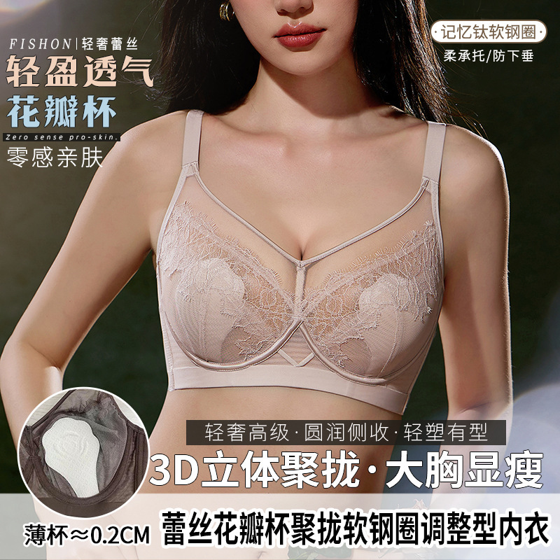 6690 Plus Size Full Cup Lace Bra for Large Busts, Soft Underwire, Push-Up, Side Breast Support, Adjustable Bra