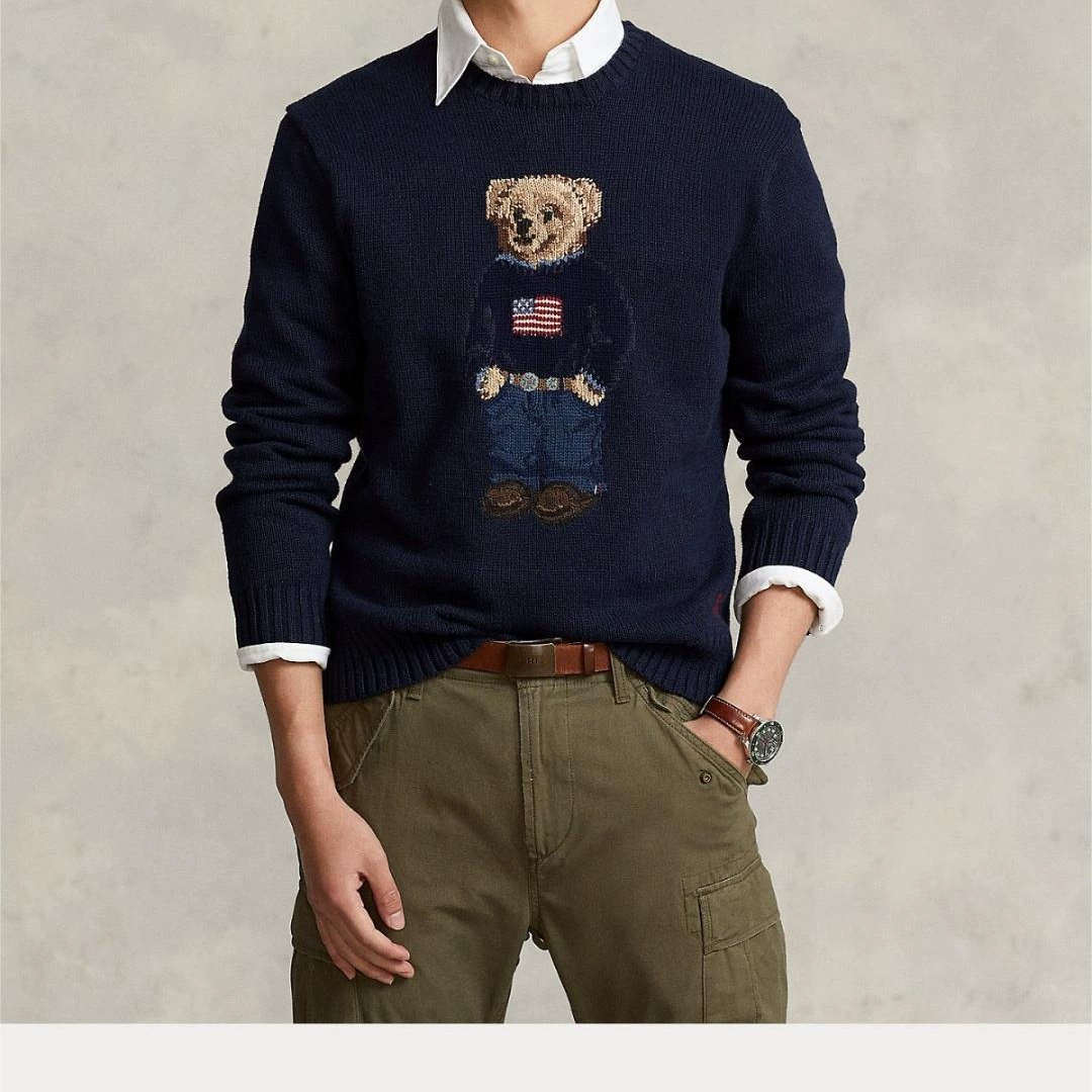 Pony ~ autumn and winter New Classic embroidered flag bear round neck casual commuter style all-match sweater
