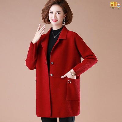 中年媽媽春秋裝外套結婚春紅色大衣喜慶婆婆高貴毛呢中老年婚禮服