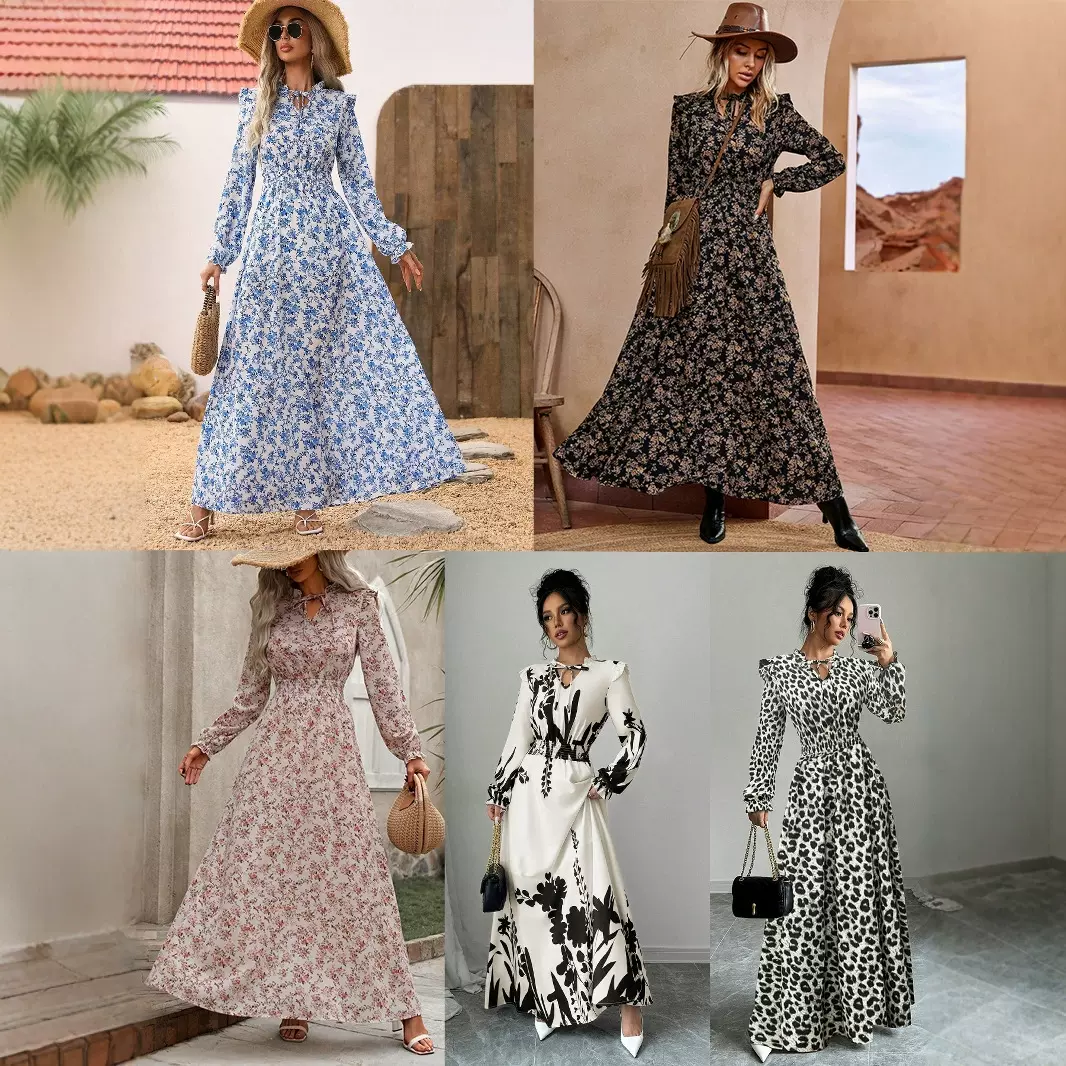 实拍现货外贸跨境独立站1688外单2025热卖欧美碎花长袖长款连衣裙